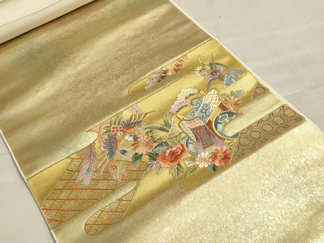 平和屋着物▼西陣　名古屋帯　帯反物　総刺繍　御所車花鳥文　金糸　引箔　証紙付き　逸品　未使用　DABI8519we