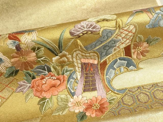 平和屋着物▼西陣　名古屋帯　帯反物　総刺繍　御所車花鳥文　金糸　引箔　証紙付き　逸品　未使用　DABI8519we