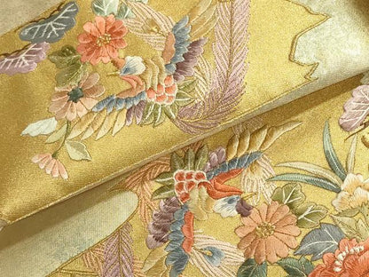 平和屋着物▼西陣　名古屋帯　帯反物　総刺繍　御所車花鳥文　金糸　引箔　証紙付き　逸品　未使用　DABI8519we