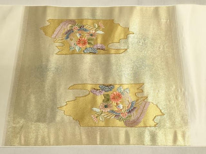 平和屋着物▼西陣　名古屋帯　帯反物　総刺繍　御所車花鳥文　金糸　引箔　証紙付き　逸品　未使用　DABI8519we