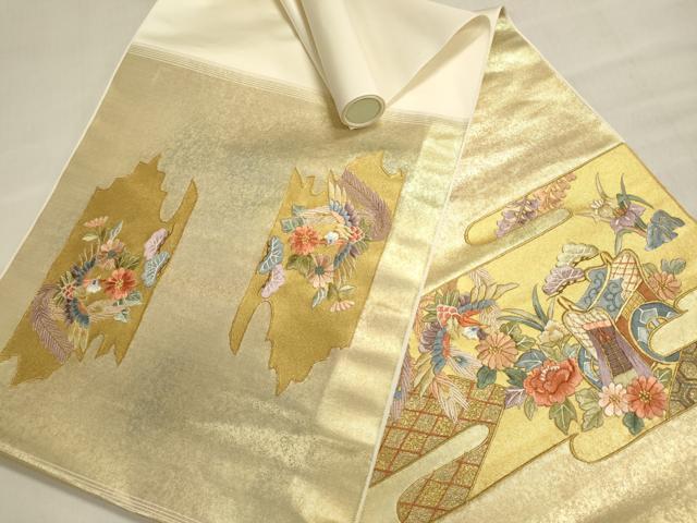 平和屋着物▼西陣　名古屋帯　帯反物　総刺繍　御所車花鳥文　金糸　引箔　証紙付き　逸品　未使用　DABI8519we