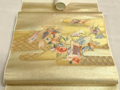 平和屋着物▼西陣　名古屋帯　帯反物　総刺繍　御所車花鳥文　金糸　引箔　証紙付き　逸品　未使用　DABI8519we