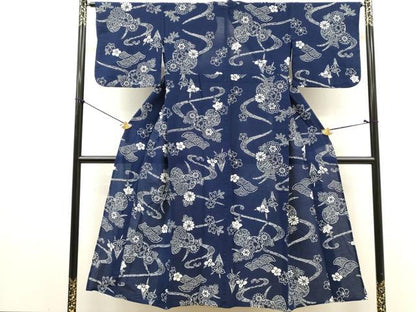 平和屋着物∴夏物　浴衣　綿絽　注染　手縫い　流水花文　鼓　綿　逸品　DABI8545cd