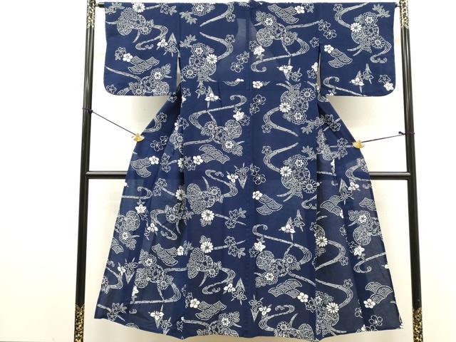 平和屋着物∴夏物　浴衣　綿絽　注染　手縫い　流水花文　鼓　綿　逸品　DABI8545cd