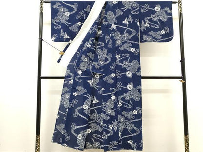 平和屋着物∴夏物　浴衣　綿絽　注染　手縫い　流水花文　鼓　綿　逸品　DABI8545cd