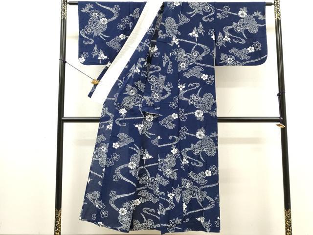 平和屋着物∴夏物　浴衣　綿絽　注染　手縫い　流水花文　鼓　綿　逸品　DABI8545cd