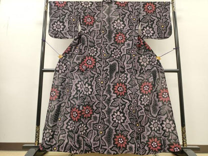 平和屋着物∴夏物　浴衣　有松鳴海絞り　草花文　黒地　綿　逸品　DABI8550cd