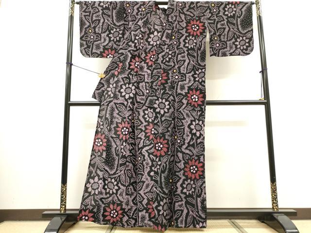 平和屋着物∴夏物　浴衣　有松鳴海絞り　草花文　黒地　綿　逸品　DABI8550cd
