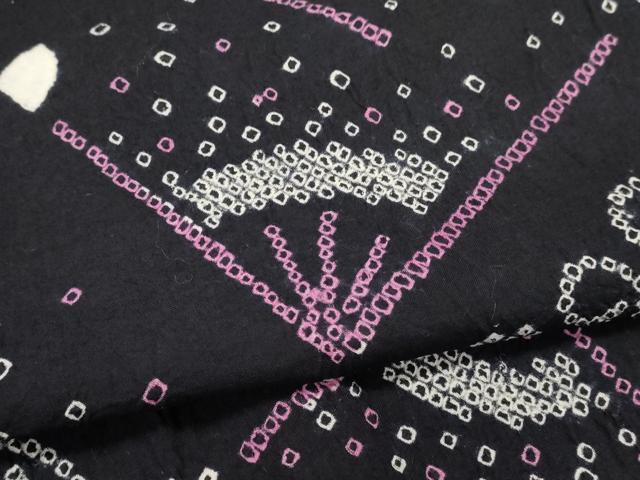 平和屋着物∴夏物　浴衣　有松鳴海絞り　扇面花文　黒地　綿　逸品　DABI8558cd