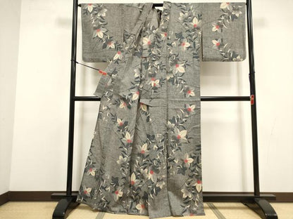 平和屋着物∴夏物　浴衣　注染　手縫い　草花文　綿逸品　DABI8576cd