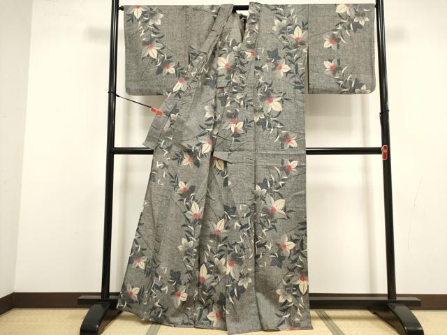 平和屋着物∴夏物　浴衣　注染　手縫い　草花文　綿逸品　DABI8576cd