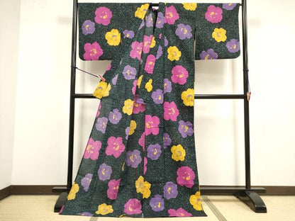 平和屋着物∴夏物　浴衣　注染　手縫い　舞花文　ロング丈　綿　逸品　DABI8578cd