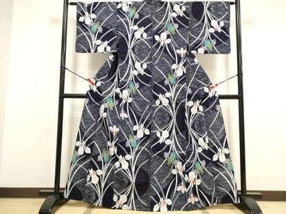 平和屋着物∴夏物　浴衣　注染　手縫い　杜若　カキツバタ　綿　逸品　DABI8580cd