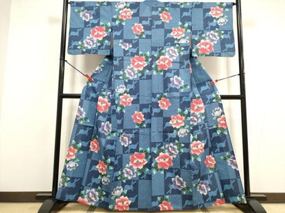 平和屋着物∴夏物　浴衣　手縫い　草花文　跳び兎　日本製　綿　逸品　DABI8581cd