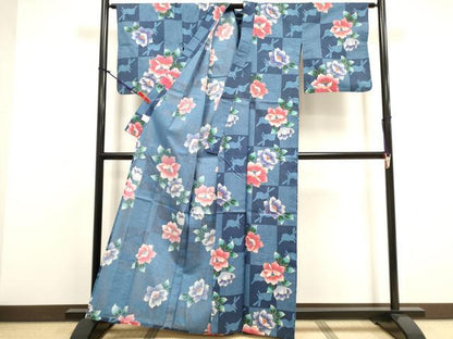 平和屋着物∴夏物　浴衣　手縫い　草花文　跳び兎　日本製　綿　逸品　DABI8581cd