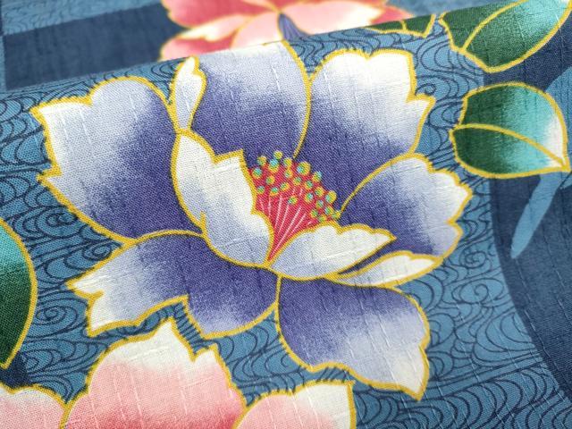 平和屋着物∴夏物　浴衣　手縫い　草花文　跳び兎　日本製　綿　逸品　DABI8581cd