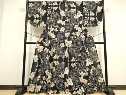 平和屋着物∴夏物　浴衣　注染　菊尽くし　黒地　日本製　綿　逸品　DABI8583cd