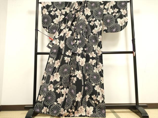 平和屋着物∴夏物　浴衣　注染　菊尽くし　黒地　日本製　綿　逸品　DABI8583cd