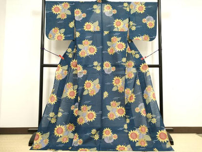 平和屋着物∴夏物　浴衣　手縫い　向日葵　ひまわり　ロング丈　逸品　DABI8584cd