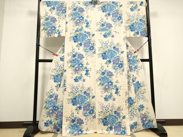 平和屋着物∴夏物　小紋・浴衣兼用　手縫い　草花文　日本製　綿麻　逸品　DABI8585cd