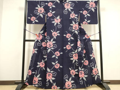 平和屋着物∴夏物　浴衣　注染　手縫い　草花文　綿　逸品　DABI8593cd