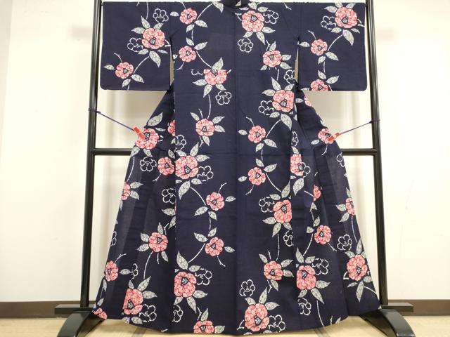 平和屋着物∴夏物　浴衣　注染　手縫い　草花文　綿　逸品　DABI8593cd