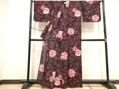 平和屋着物∴夏物　浴衣　花唐草文　黒地　綿　逸品　DABI8594cd