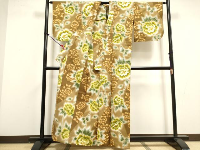 平和屋着物∴夏物　浴衣　注染　手縫い　枝花文　綿　逸品　DABI8595cd