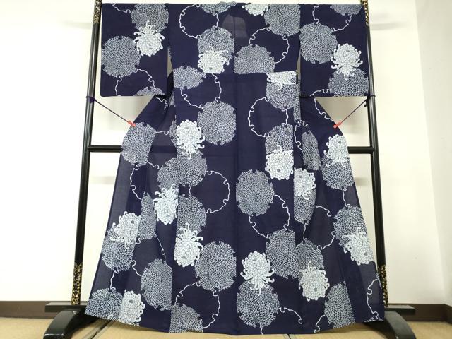 平和屋着物∴夏物　浴衣　綿絽　注染　手縫い　雪輪花文　乱菊　綿　逸品　DABI8641cd