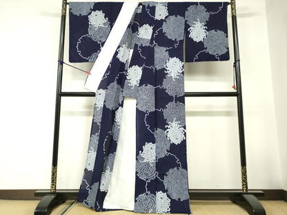 平和屋着物∴夏物　浴衣　綿絽　注染　手縫い　雪輪花文　乱菊　綿　逸品　DABI8641cd
