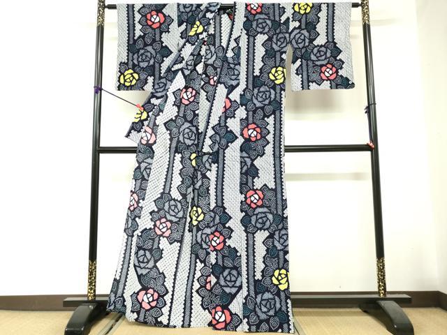 平和屋着物∴夏物　浴衣　有松鳴海絞り　薔薇　バラ　間道　綿　逸品　DABI8645cd