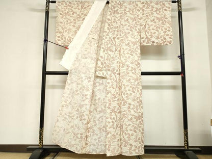 平和屋着物＊夏物　小紋　生紬　紗　型染め　枝葉文　正絹　逸品　DABI8656cd