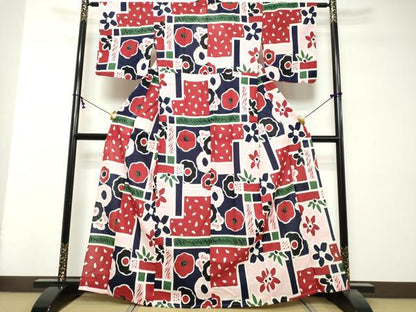平和屋着物∴夏物　綿紅梅　浴衣　幾何学花文　綿　逸品　DABI8662cd