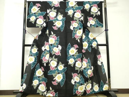 平和屋着物∴夏物　世界的ファッションデザイナー　山本寛斎　kansaiブランド　浴衣　注染　花蝶文　黒地　金彩　綿　逸品　DABI8663cd