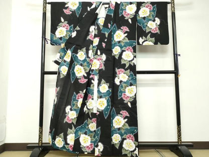 平和屋着物∴夏物　世界的ファッションデザイナー　山本寛斎　kansaiブランド　浴衣　注染　花蝶文　黒地　金彩　綿　逸品　DABI8663cd