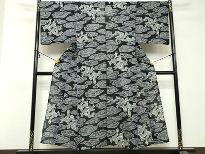 平和屋着物∴夏物　男性　小紋・浴衣兼用　龍　瑞雲　黒地　綿麻　逸品　未使用　DABI8669cd