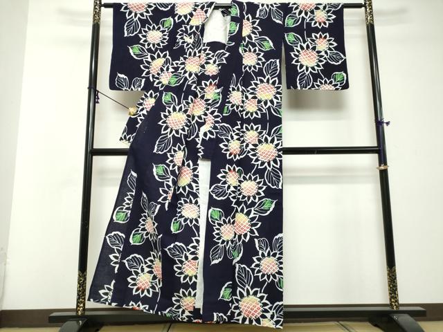 平和屋着物∴夏物　浴衣　注染　手縫い　ひまわり　向日葵　綿　逸品　DABI8674cd