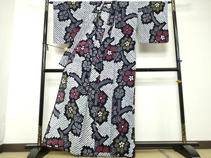 平和屋着物∴夏物　浴衣　有松鳴海絞り　枝花文　綿　逸品　DABI8679cd