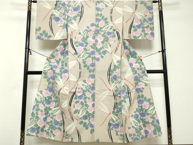 平和屋着物∴夏物　浴衣　注染　流水花文　トンボ　綿　逸品　DABI8680cd