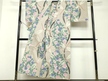 平和屋着物∴夏物　浴衣　注染　流水花文　トンボ　綿　逸品　DABI8680cd