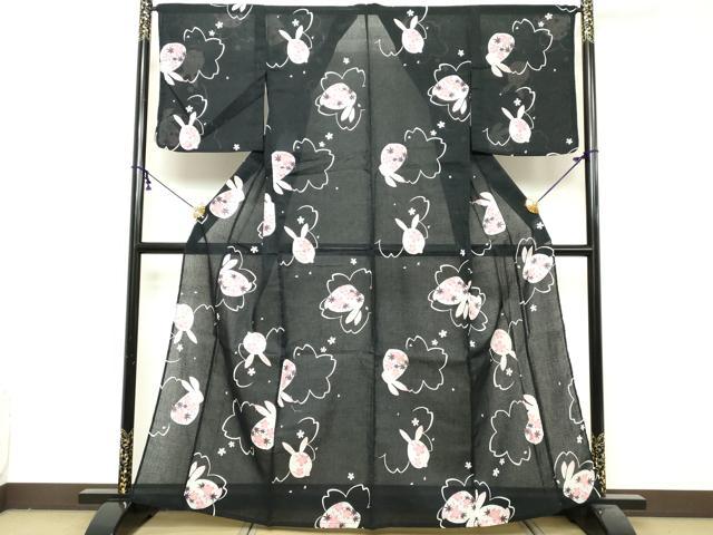 平和屋着物∴夏物　綿紅梅　浴衣　舞桜文　兎　黒地　綿　逸品　DABI8686cd