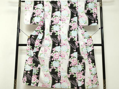平和屋着物∴夏物　浴衣　舞蝶文　牡丹　黒地　綿　逸品　DABI8700cd