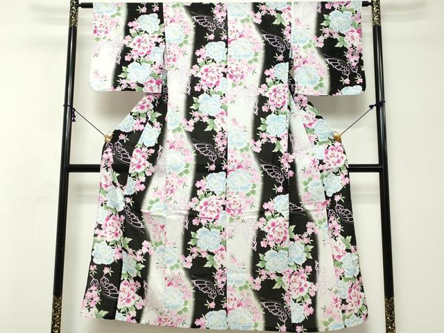 平和屋着物∴夏物　浴衣　舞蝶文　牡丹　黒地　綿　逸品　DABI8700cd