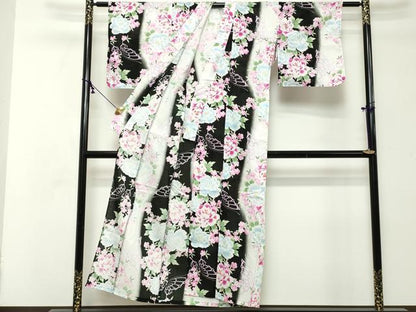平和屋着物∴夏物　浴衣　舞蝶文　牡丹　黒地　綿　逸品　DABI8700cd