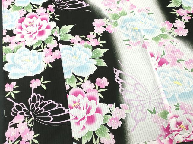 平和屋着物∴夏物　浴衣　舞蝶文　牡丹　黒地　綿　逸品　DABI8700cd