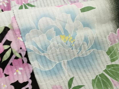 平和屋着物∴夏物　浴衣　舞蝶文　牡丹　黒地　綿　逸品　DABI8700cd