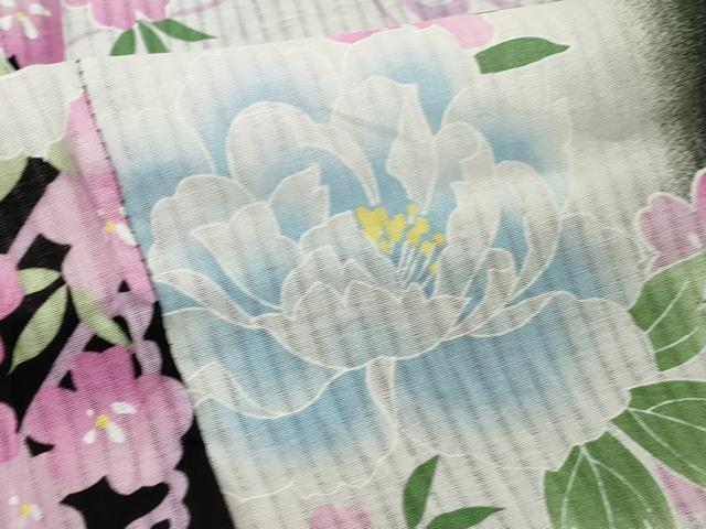 平和屋着物∴夏物　浴衣　舞蝶文　牡丹　黒地　綿　逸品　DABI8700cd