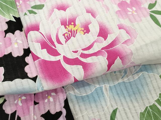 平和屋着物∴夏物　浴衣　舞蝶文　牡丹　黒地　綿　逸品　DABI8700cd