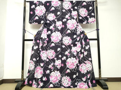 平和屋着物∴夏物　浴衣　薬玉花文　銀彩　綿　逸品　DABI8702cd