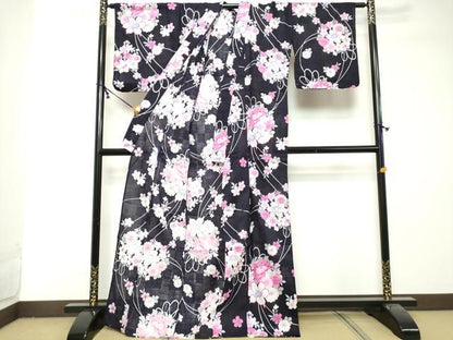 平和屋着物∴夏物　浴衣　薬玉花文　銀彩　綿　逸品　DABI8702cd